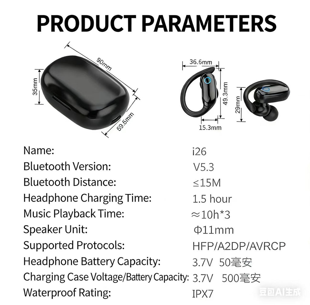 IPX7 Waterproof TWS Sports Bluetooth Earphones, High Fidelity Stereo, Ear-Hook Design