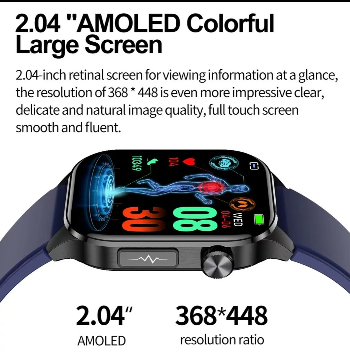 ET580 Smartwatch: 2.04-inch AMOLED Screen with ECG, Blood Pressure & Heart Rate Monitoring, Sports Activity and Step Tracking.
