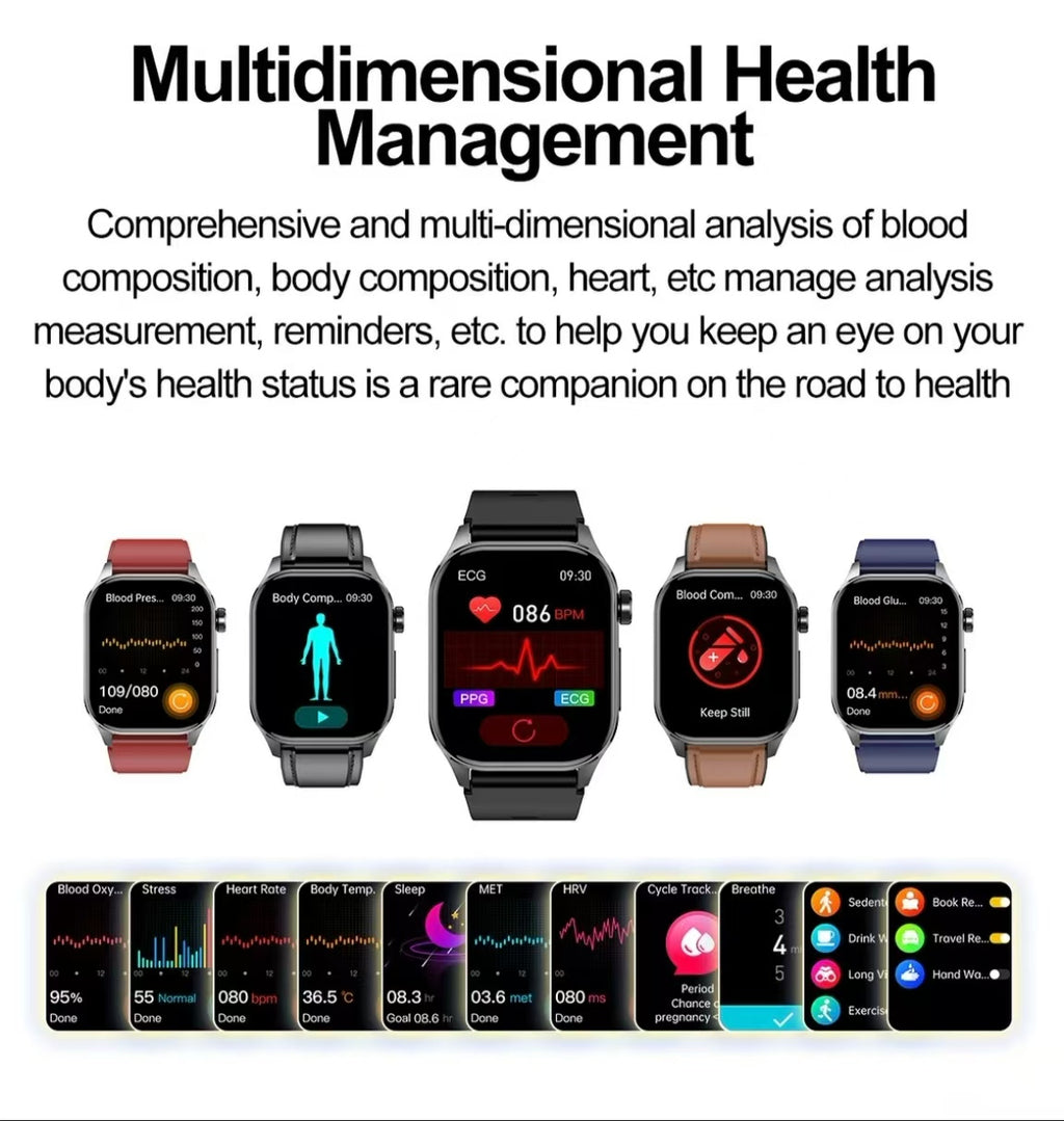 ET580 Smartwatch: 2.04-inch AMOLED Screen with ECG, Blood Pressure & Heart Rate Monitoring, Sports Activity and Step Tracking.