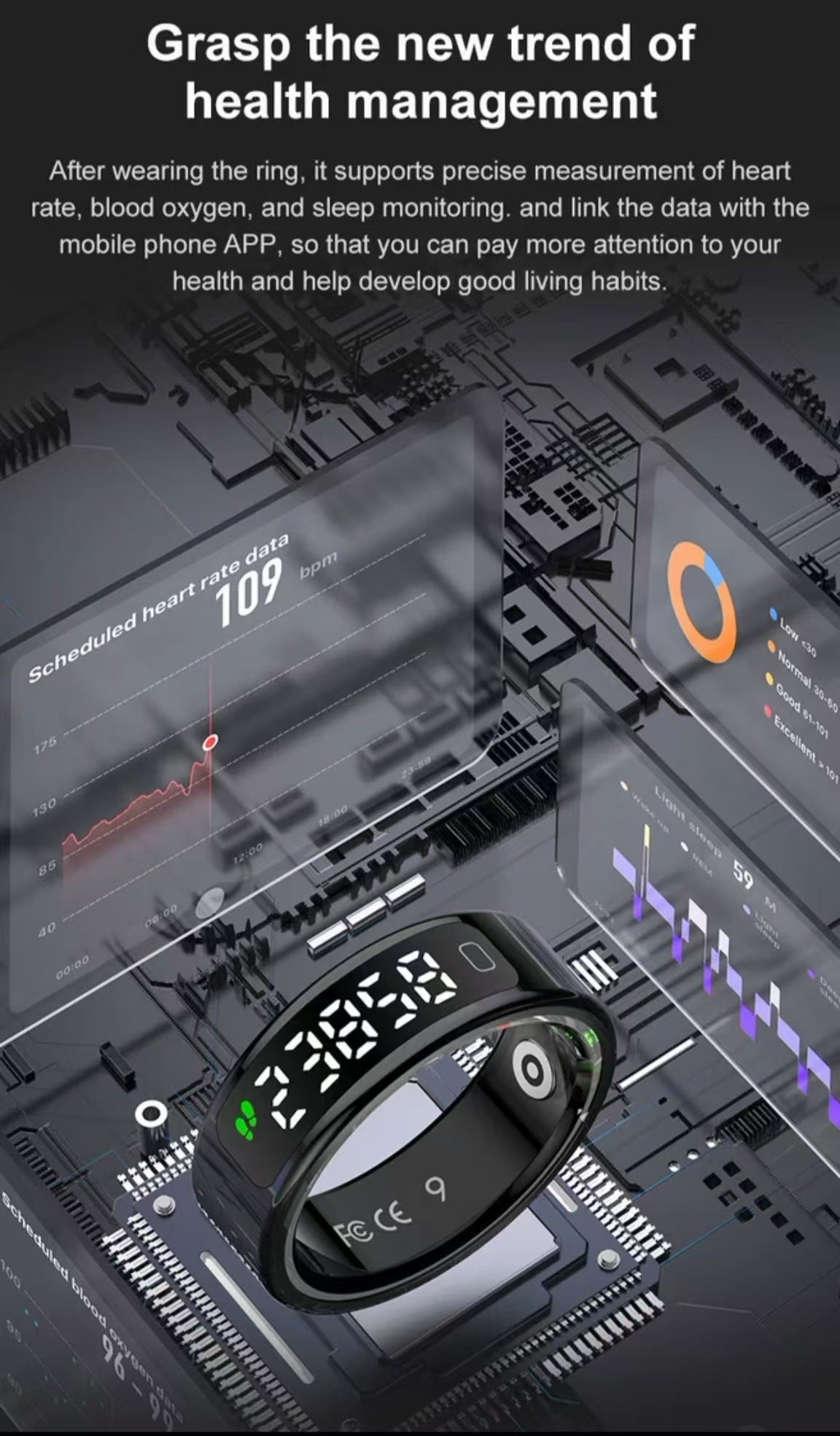 R11C Smart Ring: with Display Screen, Heart Rate, Blood Oxygen & Sleep Monitoring, Step and Calorie Tracking, Touch Control for Sports.