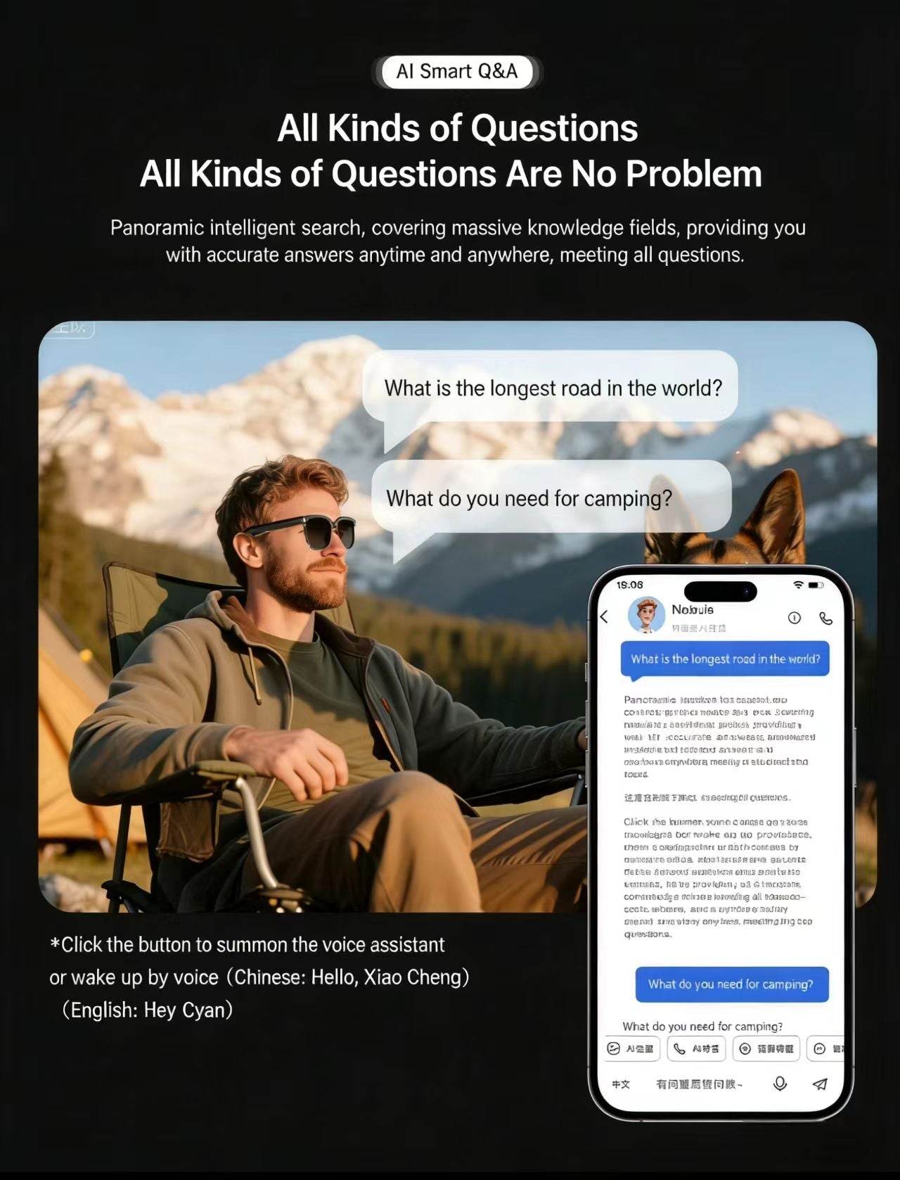 AI smart glasses with an 8MP anti-shake camera for photo/video, object recognition, and real-time translation.