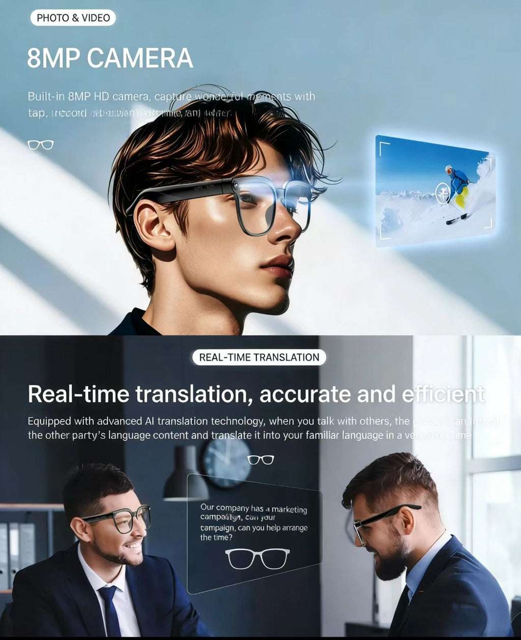 AI smart glasses with an 8MP anti-shake camera for photo/video, object recognition, and real-time translation.
