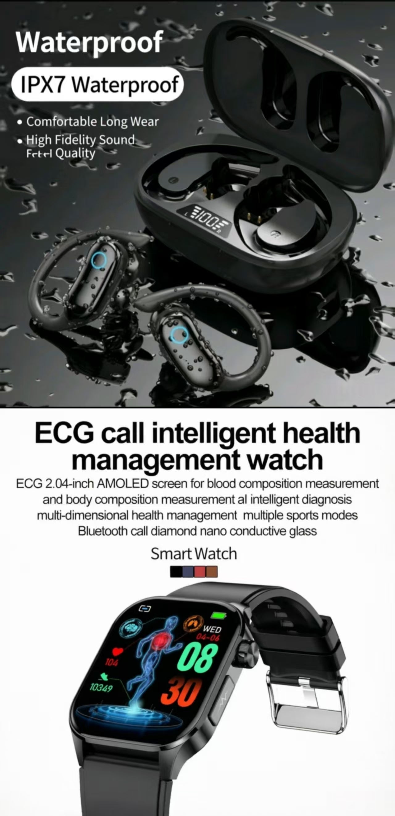 TWS Sports IPX7 Waterproof Bluetooth Earbuds & ET580 Smart Watch