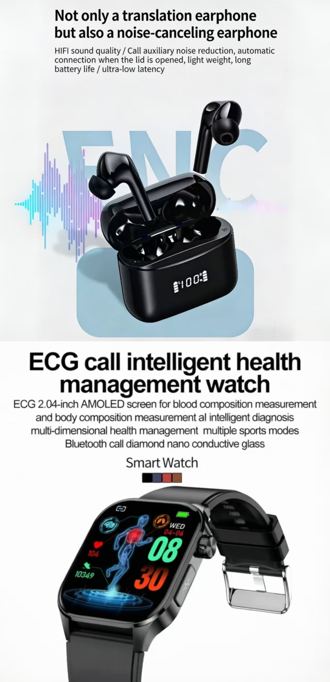 AI Smart Translation Bluetooth Earbuds & ET580 Smart Watch