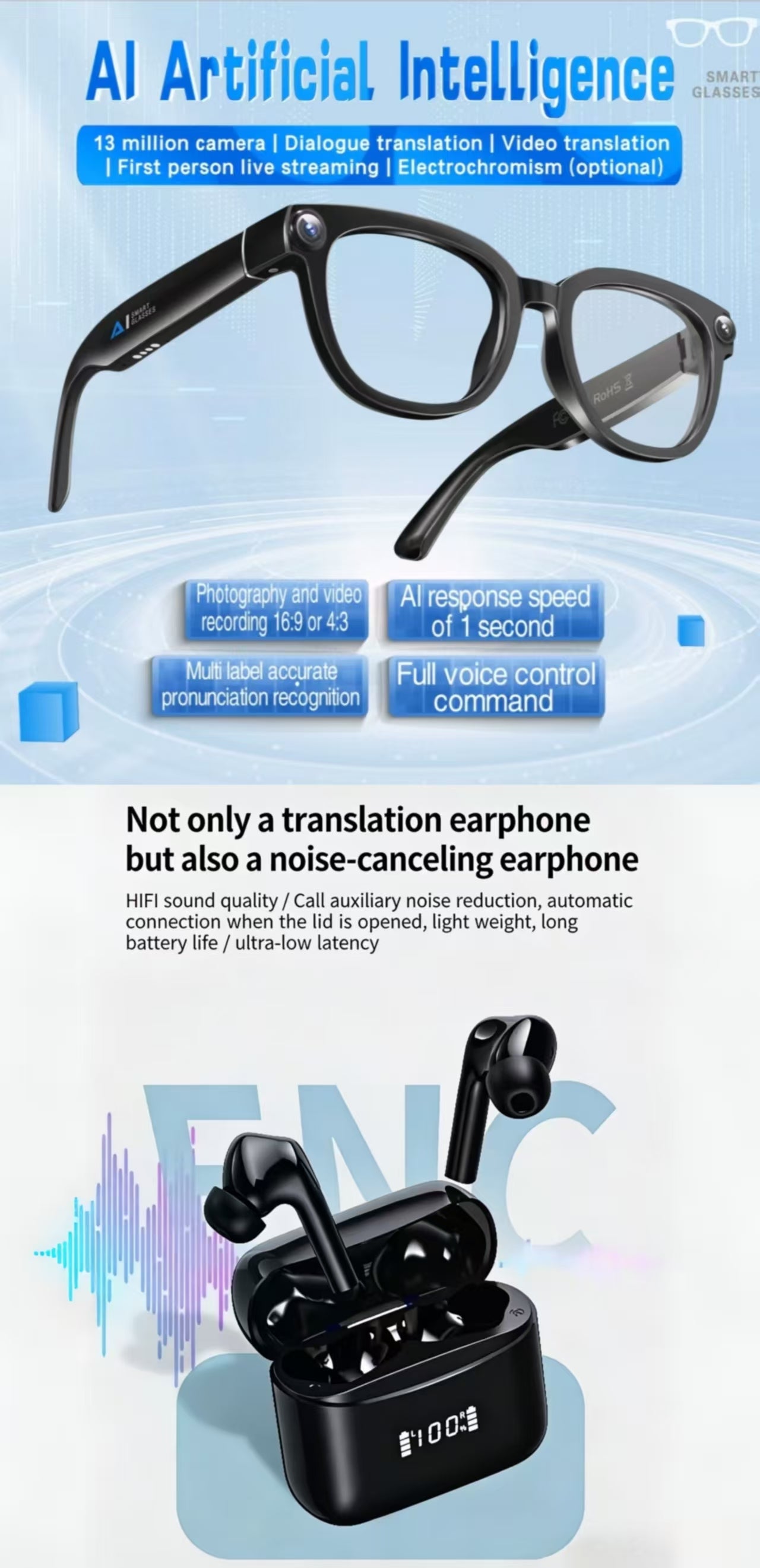 AI Smart Translation Bluetooth Earbuds & AI Translation Smart Glasses with 13MP Photochromic