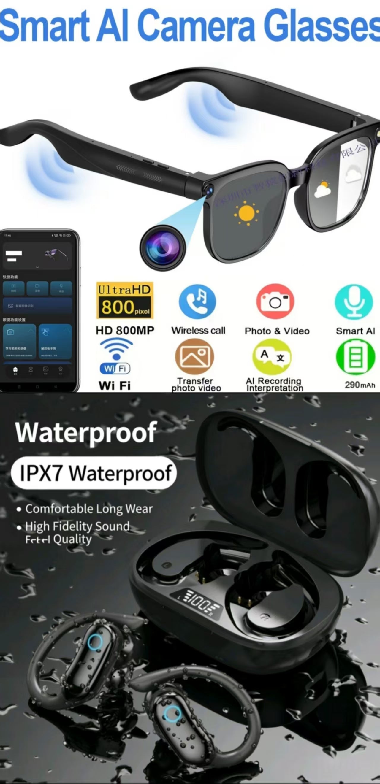 TWS Sports IPX7 Waterproof Bluetooth Earbuds & 800W AI Smart Translation Glasses