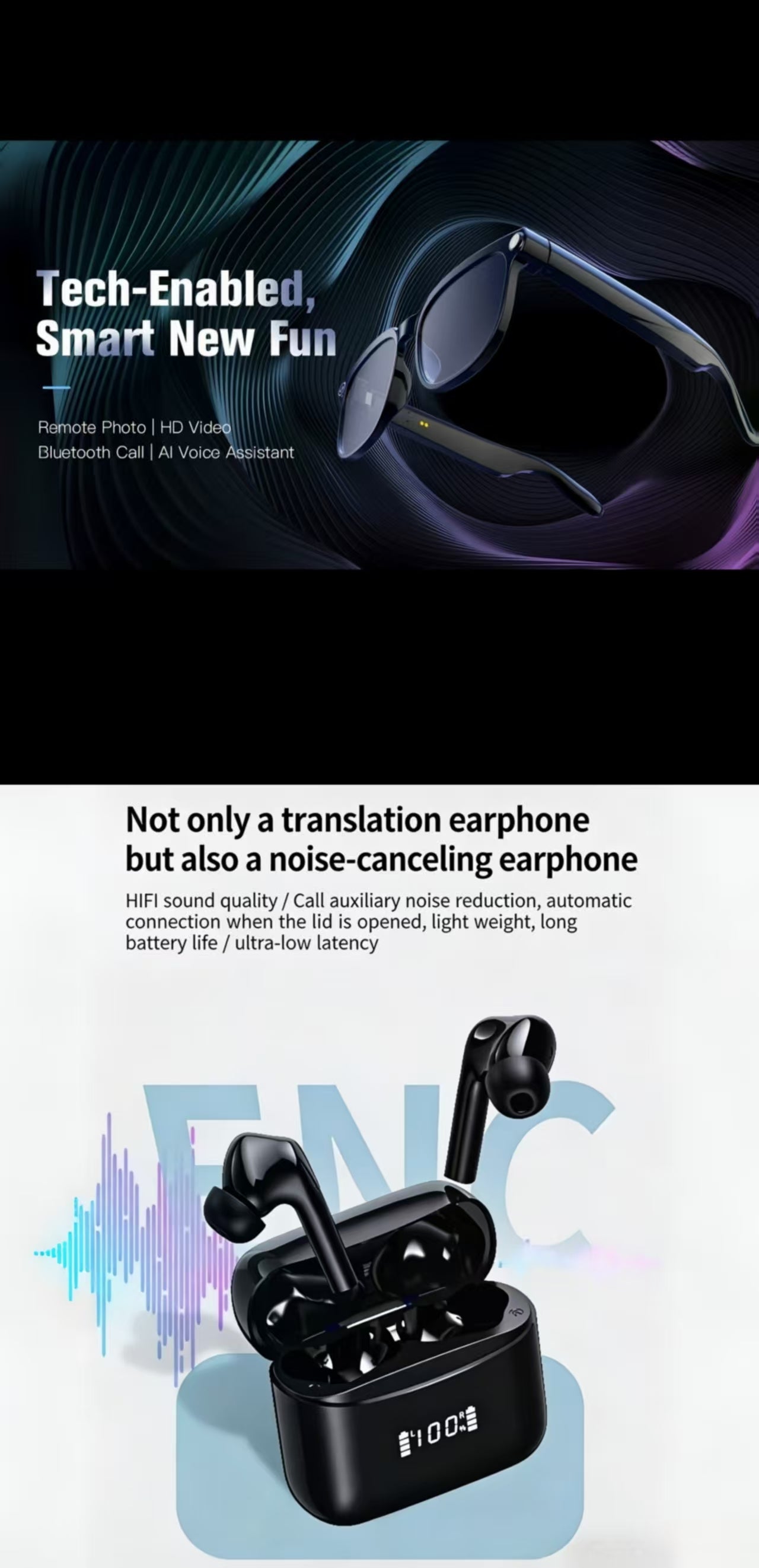 AI Smart Translation Bluetooth Earbuds& AI Smart Glasses 8MP Anti-shake