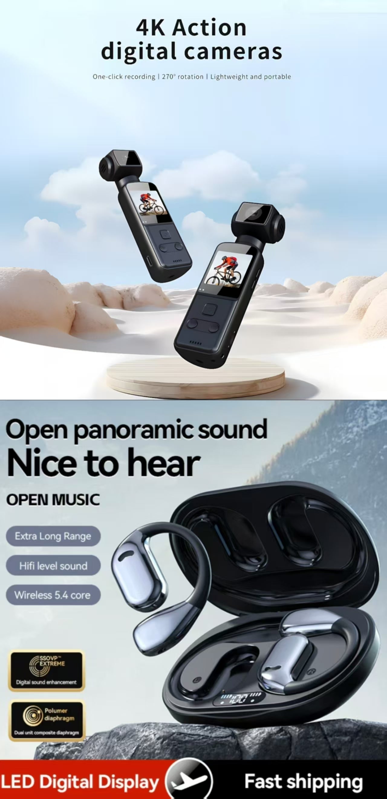 M75 AI Translation Earbuds& 4K Ultra HD Anti-Shake Pocket Camera