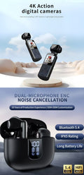 LED Digital Display Dual-Mic ENC TWS Bluetooth Earbuds& 4K Ultra HD Anti-Shake Pocket Camera