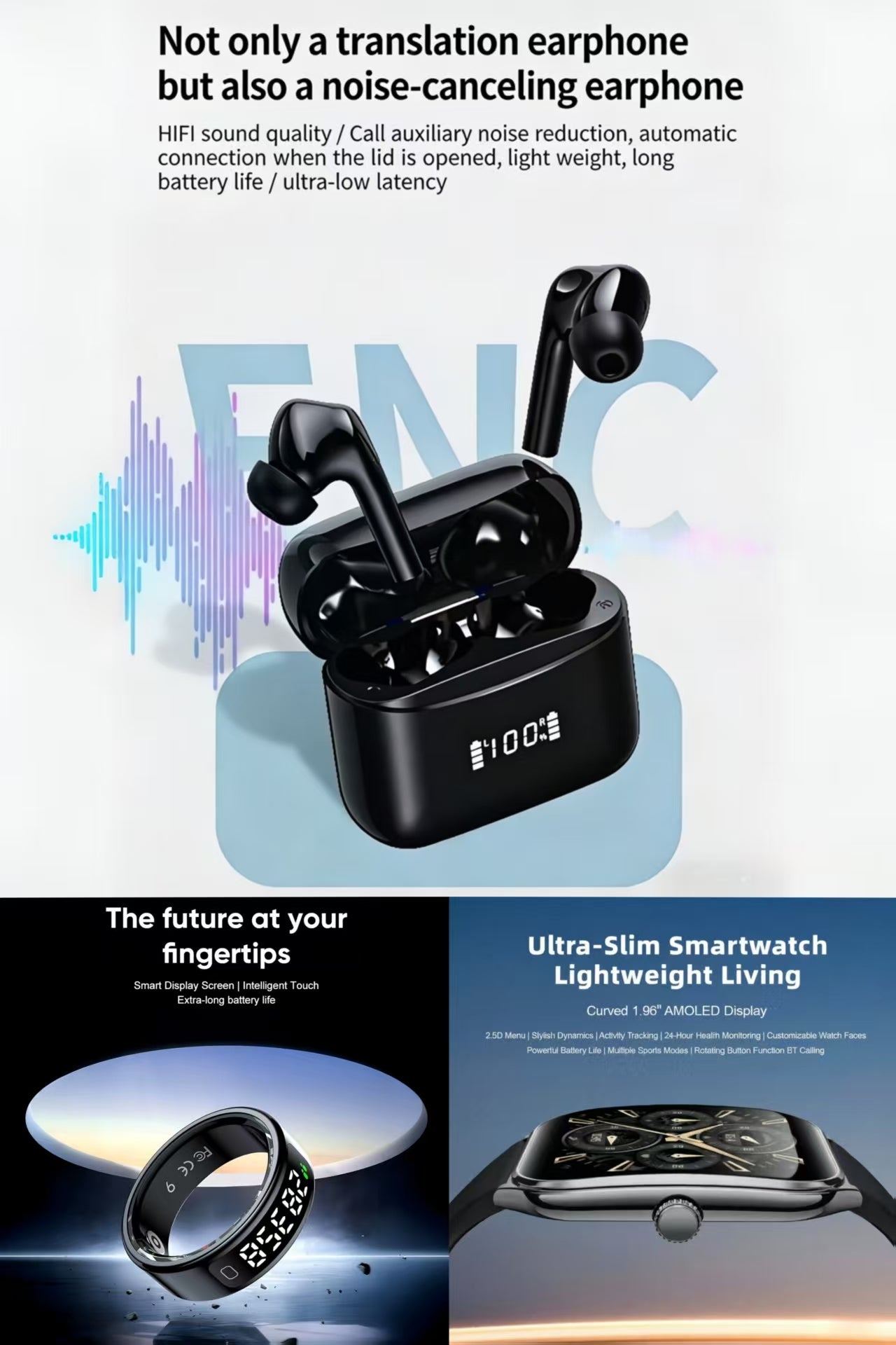 MT61 Smart Watch, R11 Sports Ring & AI Smart Translation Bluetooth Earbuds Bundle