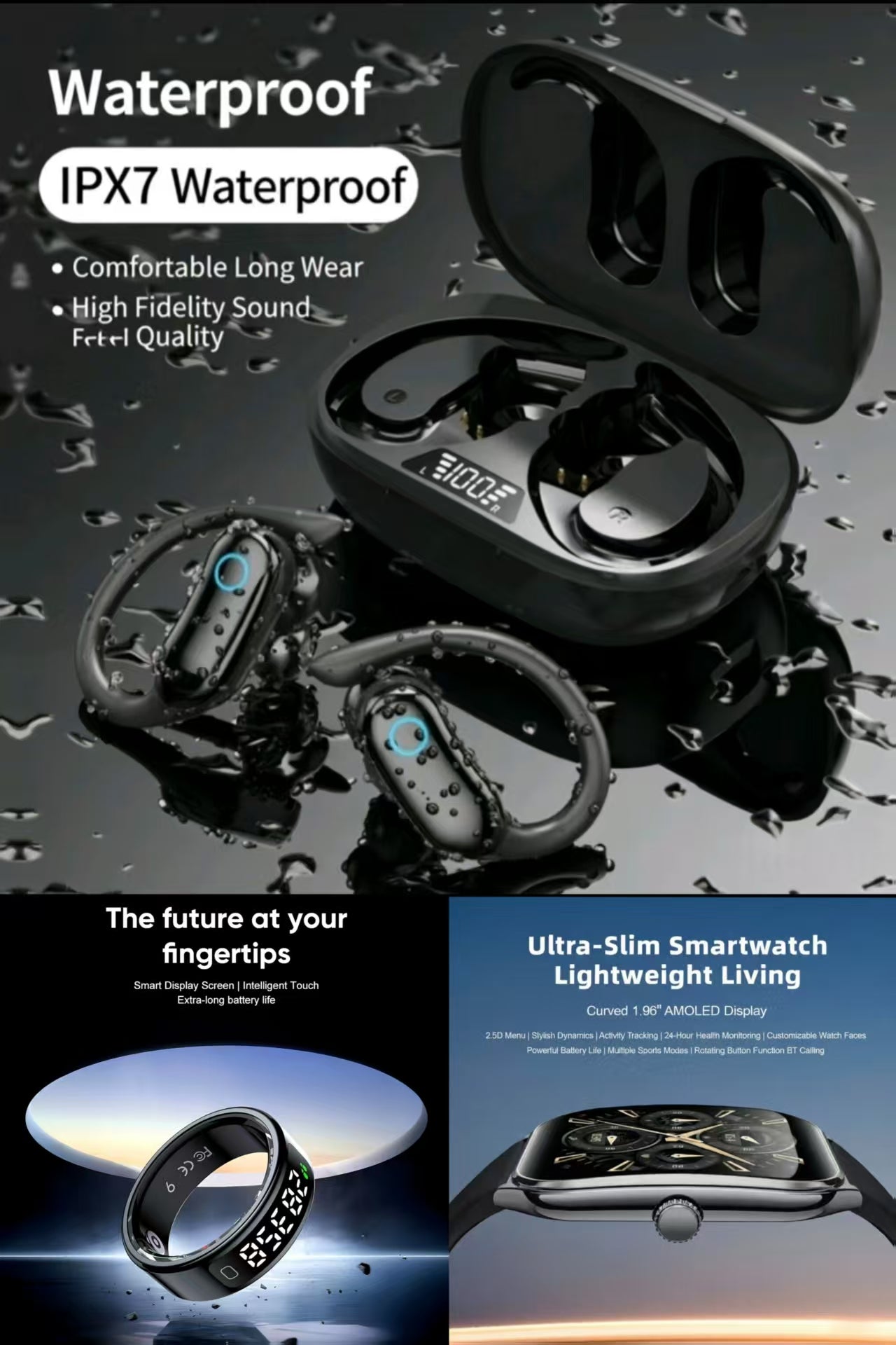 MT61 Smart Watch, R11 Sports Ring & TWS Sports IPX7 Waterproof Bluetooth Earbuds