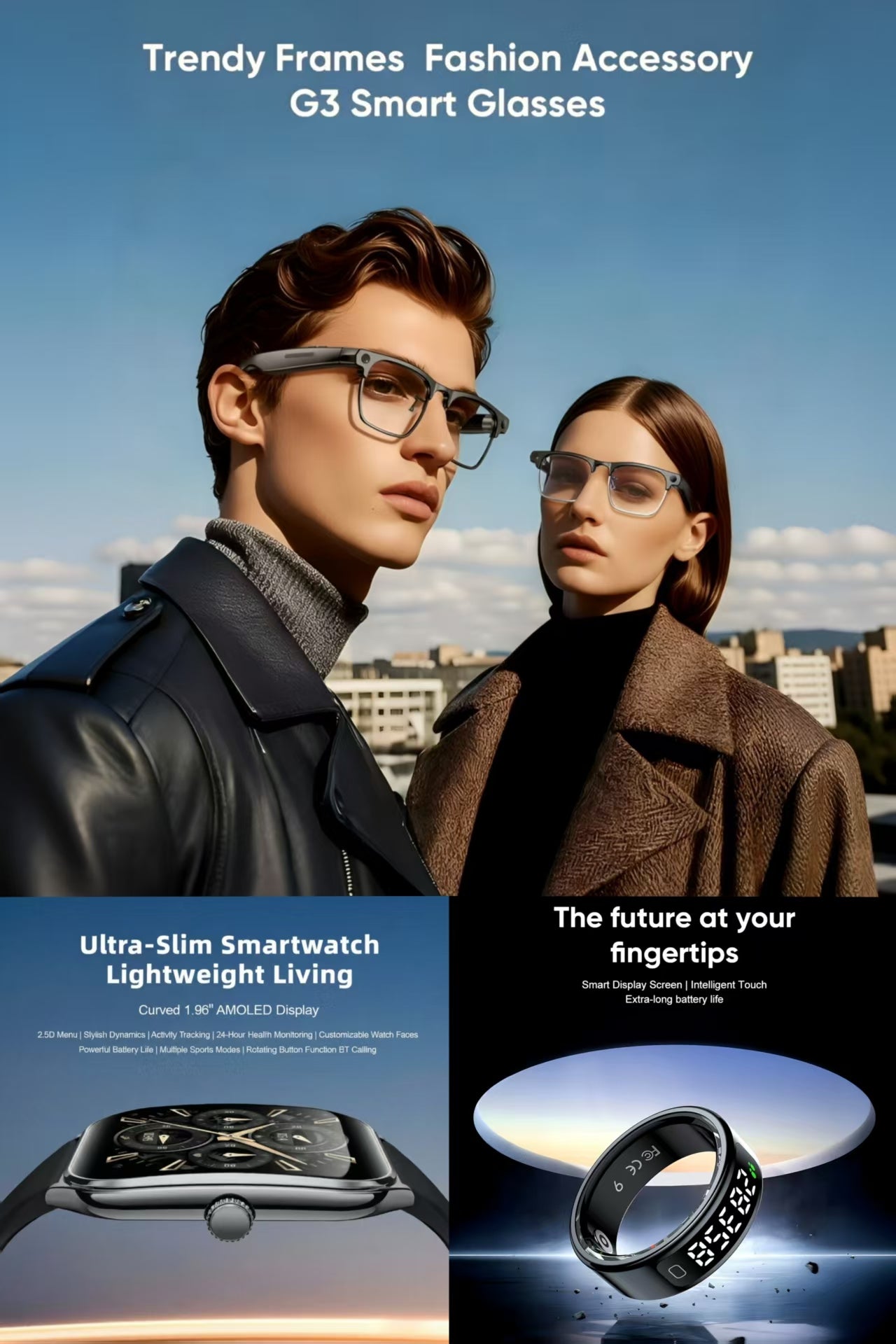 Future-Ready AI Gear: 🕶️ i-Rimless Business Smart Glasses, MT61 Smart Watch  & R11 Smart Ring