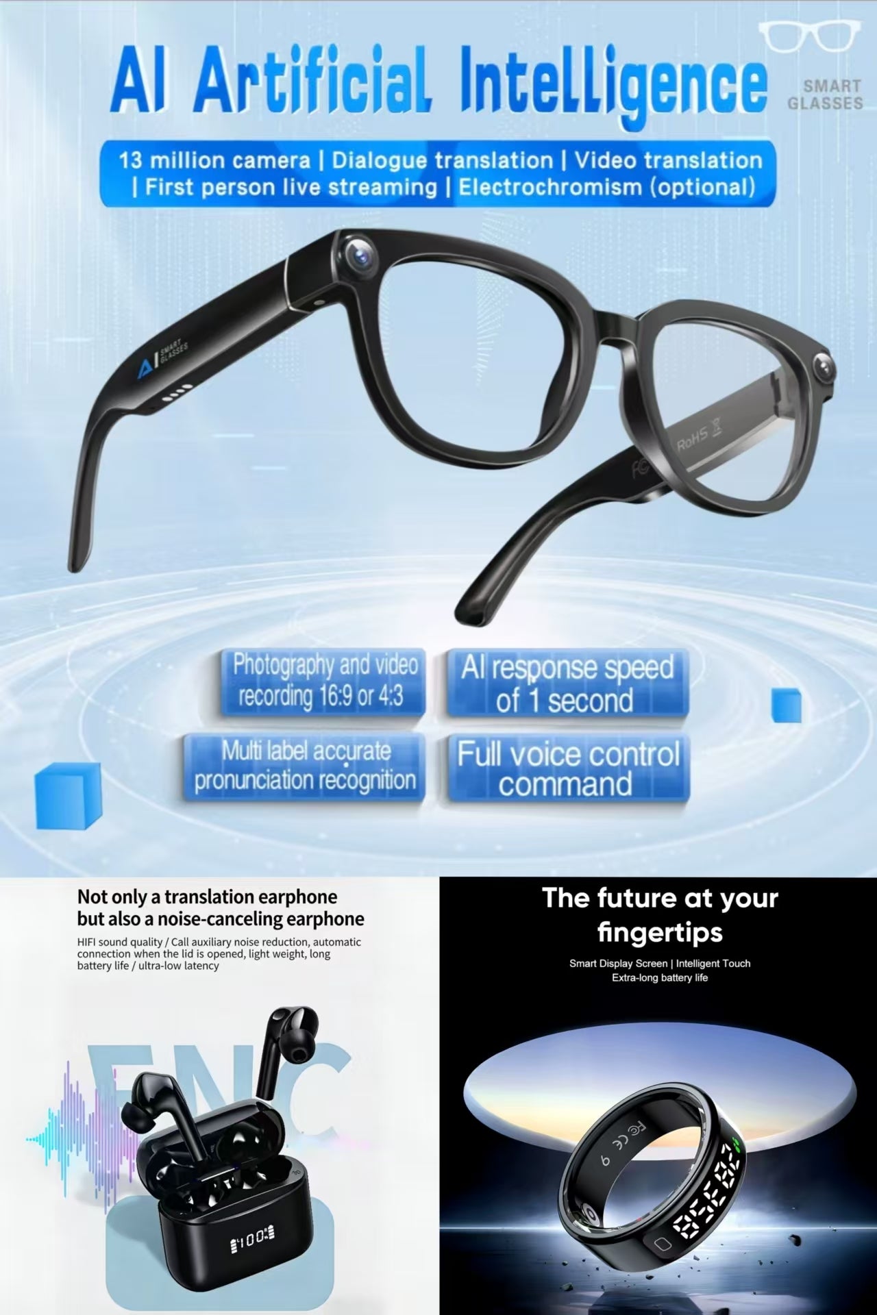 Future-Ready AI Gear: AI Translation Smart Glasses 13MP Photochromic, AI Smart Translation Bluetooth Earbuds & R11 Smart Ring