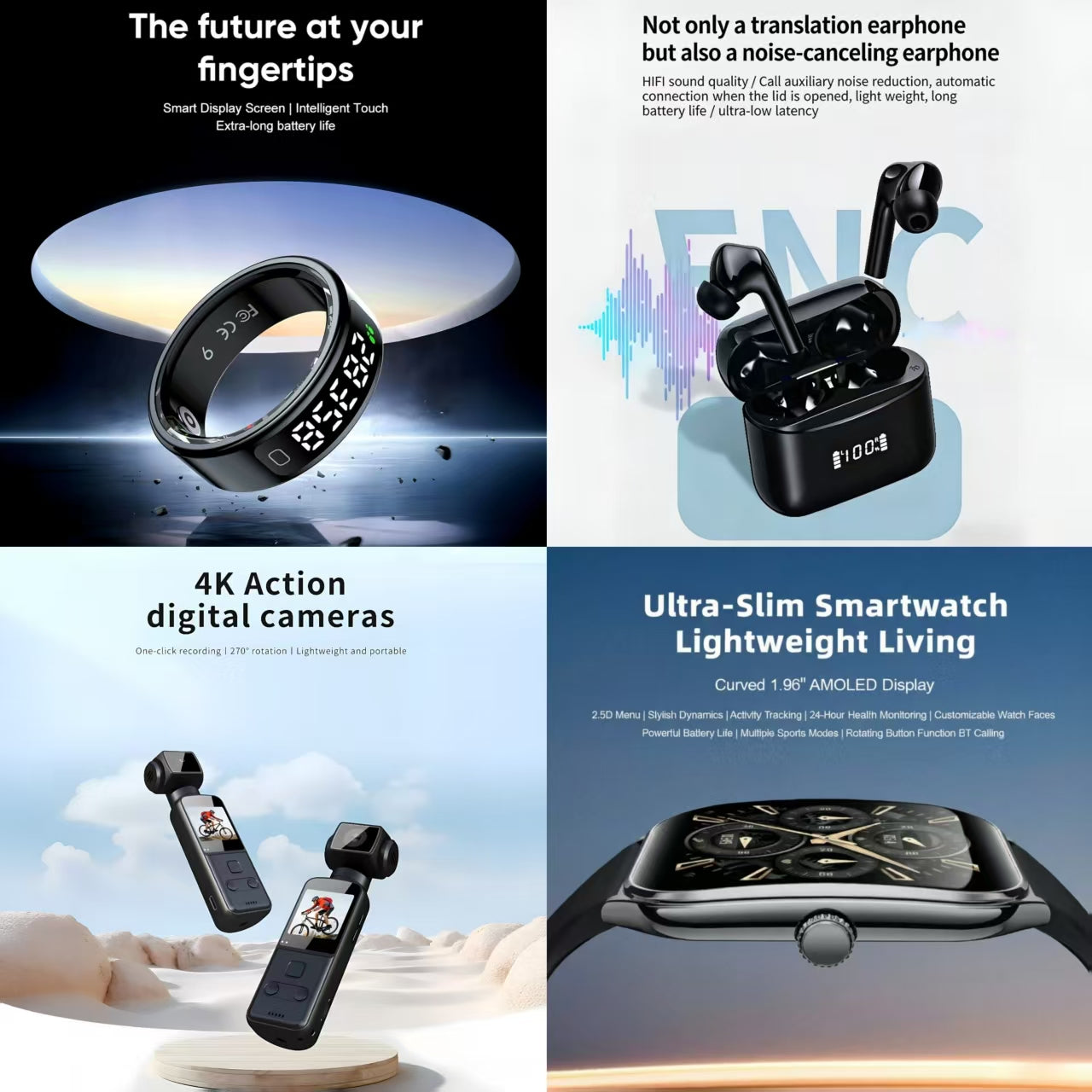 4-in-1 Premium Smart Gadget Bundle: Smart Ring, ENC Earbuds, 4K Action Camera & Ultra-Slim Smartwatch