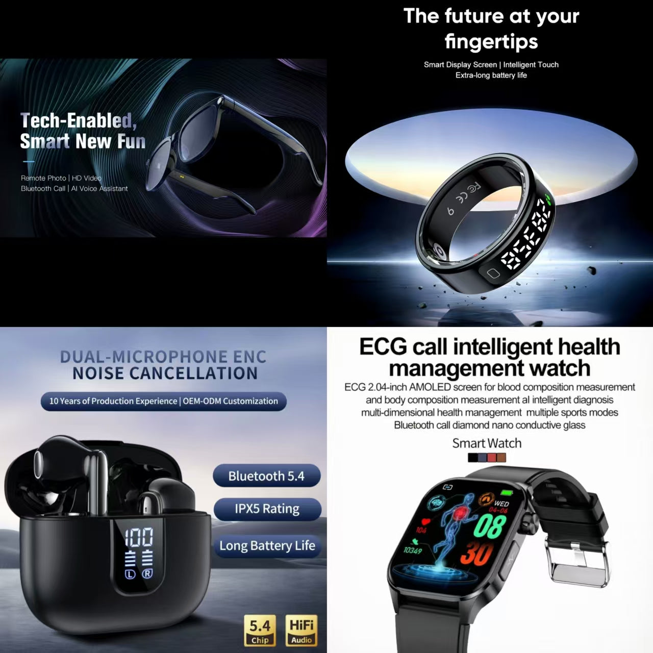 4-in-1 Premium Smart Tech & Health Bundle: Smart Ring, Tech Gadget, ENC Earbuds & ECG Health Watch