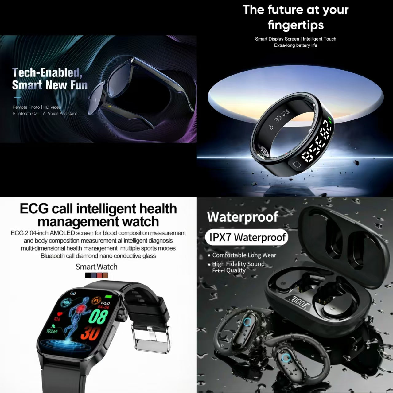 4-in-1 Ultimate Smart Health & Tech Bundle: Smart Glasses, Smart Ring, ECG Health Watch & IPX7 Waterproof Earbuds