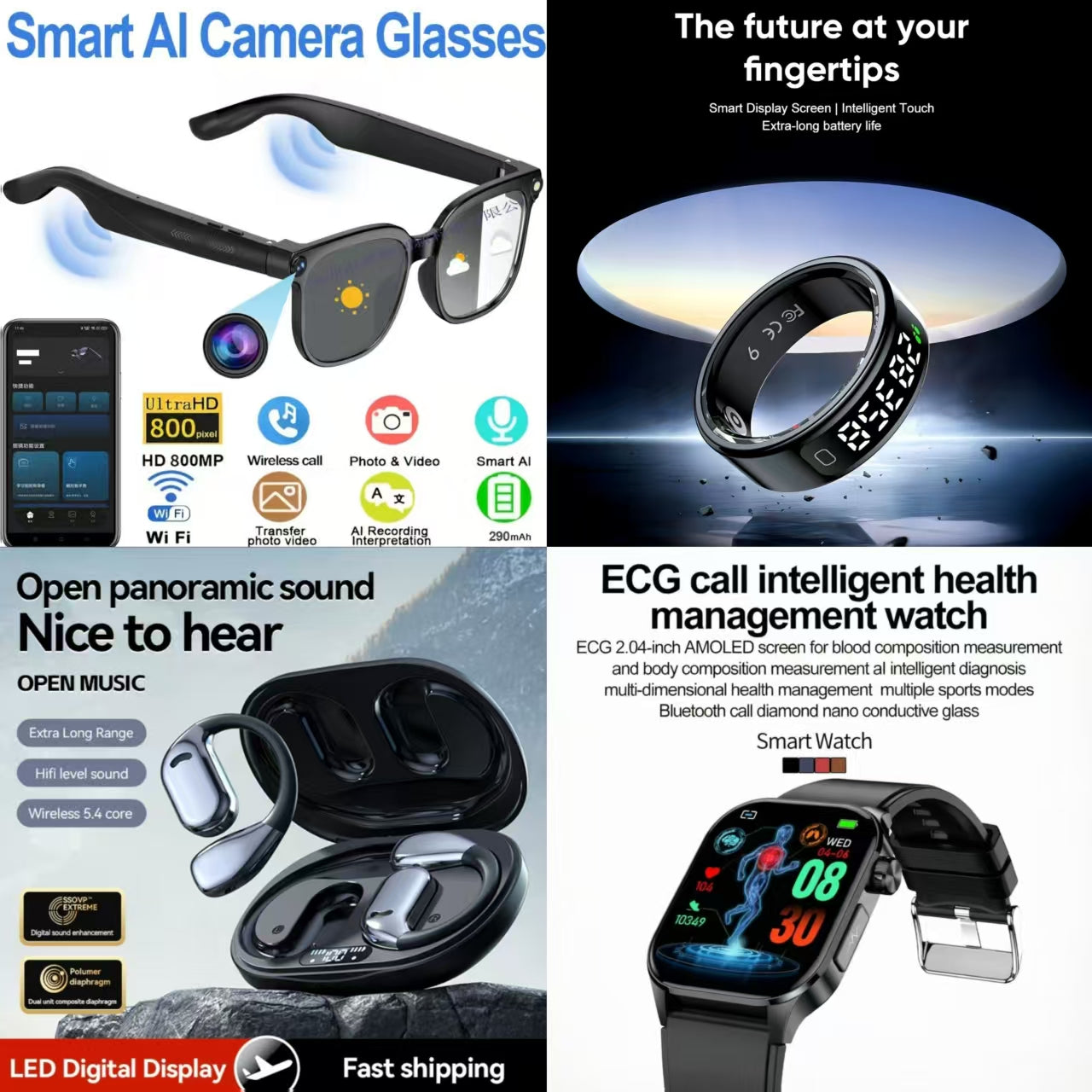 4-in-1 Ultimate Smart AI & Audio Health Bundle: Smart AI Camera Glasses, Smart Ring, Open-Ear Headphones & ECG Health Watch