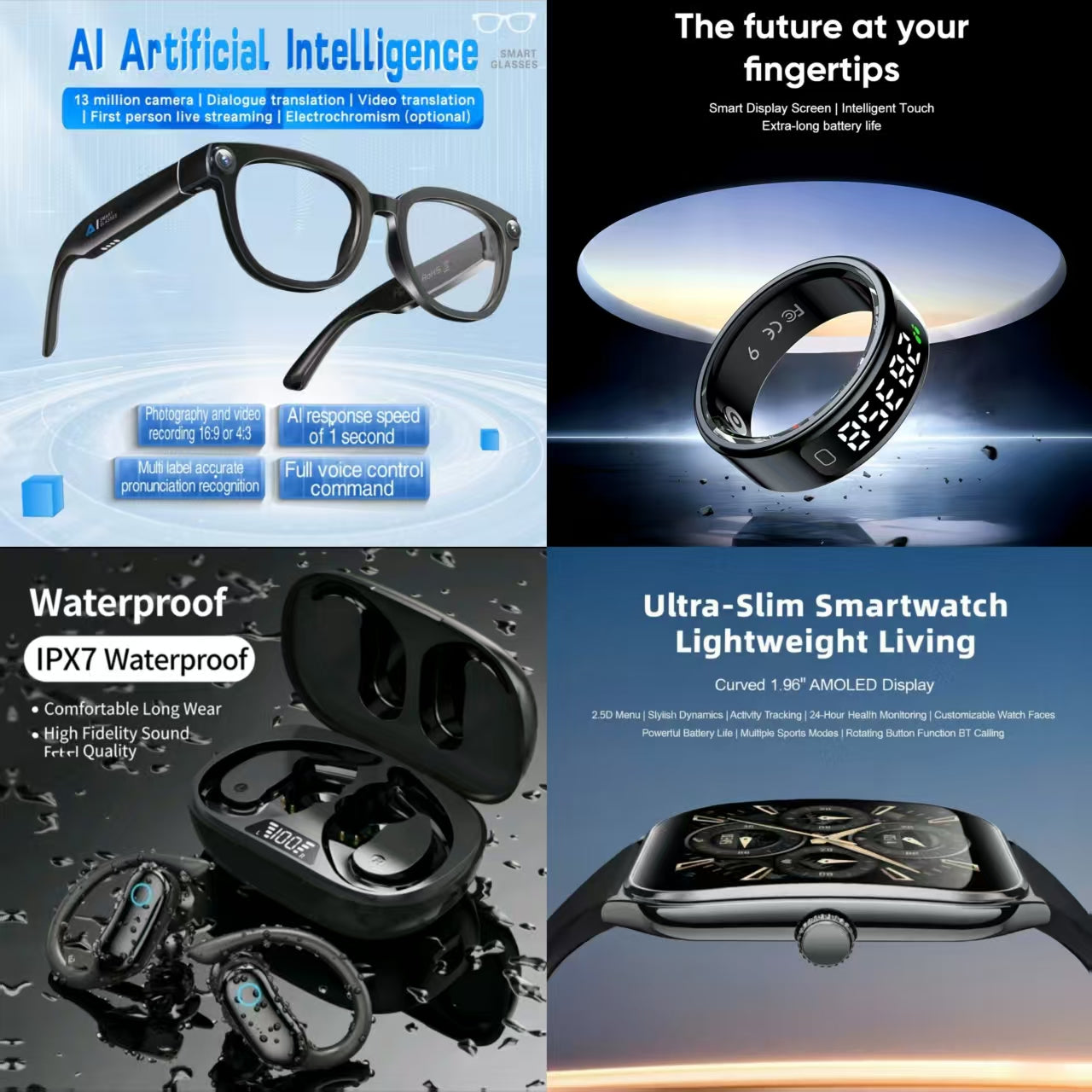 4-in-1 Premium Smart AI & Lifestyle Bundle: AI Smart Glasses, Smart Ring, IPX7 Waterproof Open-Ear Headphones & Ultra-Slim Smartwatch
