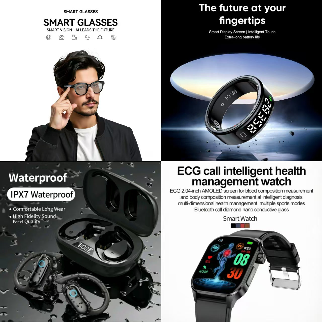 4-in-1 Smart Health & Fashion Bundle | Smart Glasses + Smart Ring + IPX7 Waterproof Earbuds + ECG Call Health Watch