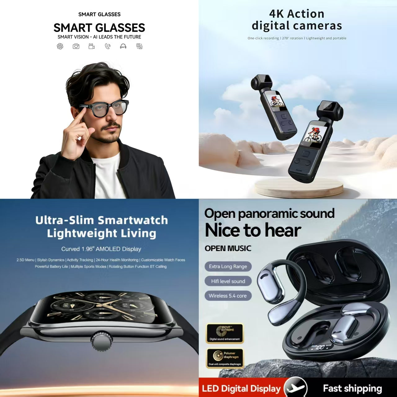 4-in-1 Smart Lifestyle Bundle | Smart Glasses + 4K Action Camera + Ultra-Slim Smartwatch + Open-Ear Panoramic Sound Earbuds