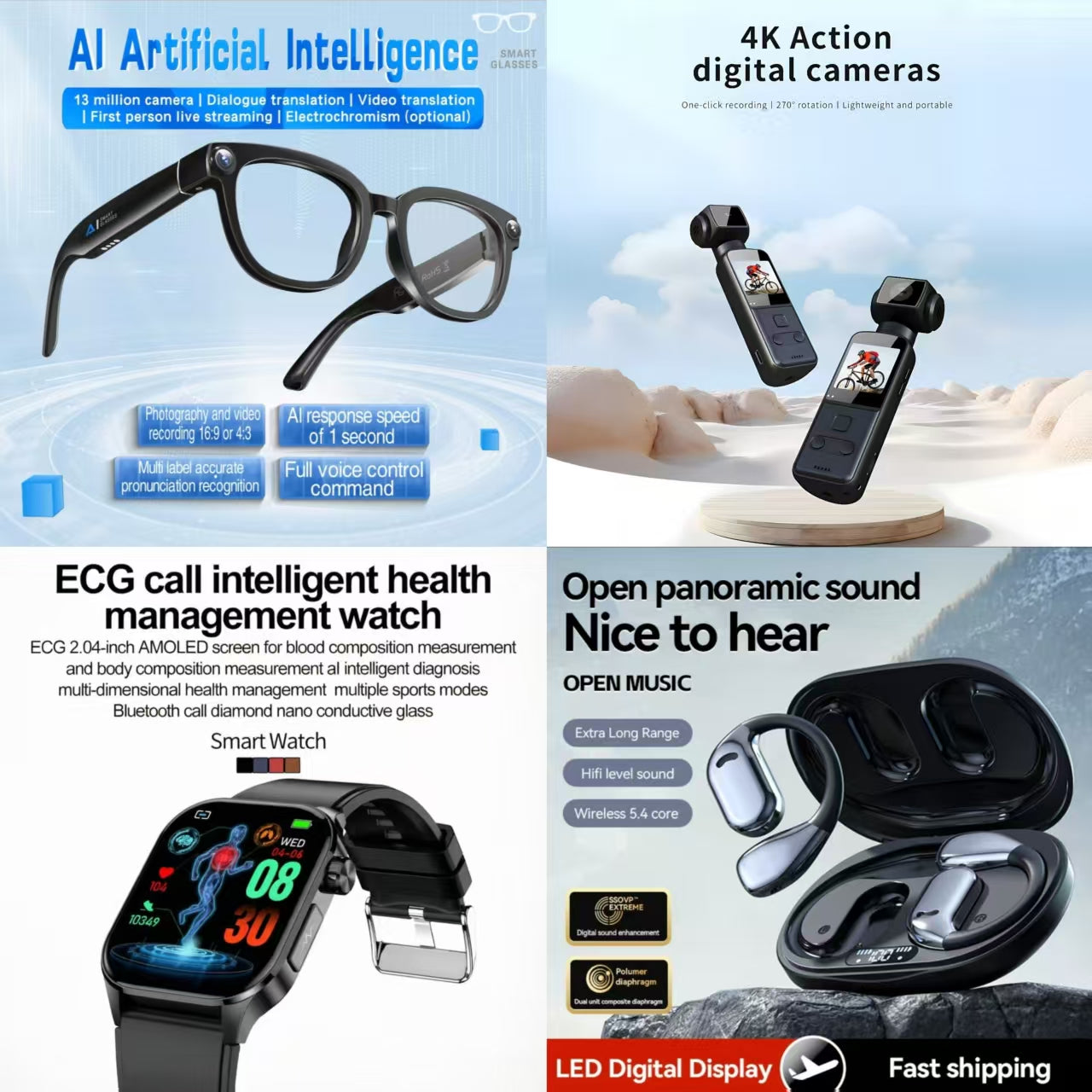 4-in-1 AI Smart Health & Lifestyle Bundle: AI Smart Glasses + 4K Action Camera + ECG Call Health Watch + Open-Ear Panoramic Earbuds