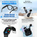 4-in-1 AI Smart Health & Travel Bundle: AI Smart Glasses + 4K Action Camera + ECG Call Health Watch + ENC Noise Canceling Translation Earbuds