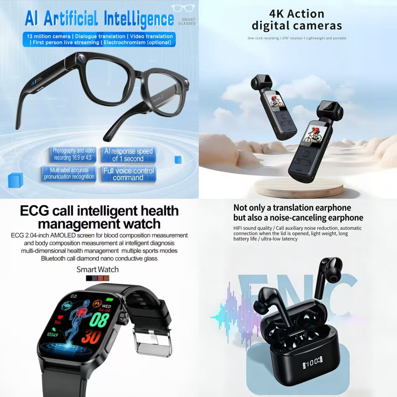 4-in-1 AI Smart Health & Travel Bundle: AI Smart Glasses + 4K Action Camera + ECG Call Health Watch + ENC Noise Canceling Translation Earbuds