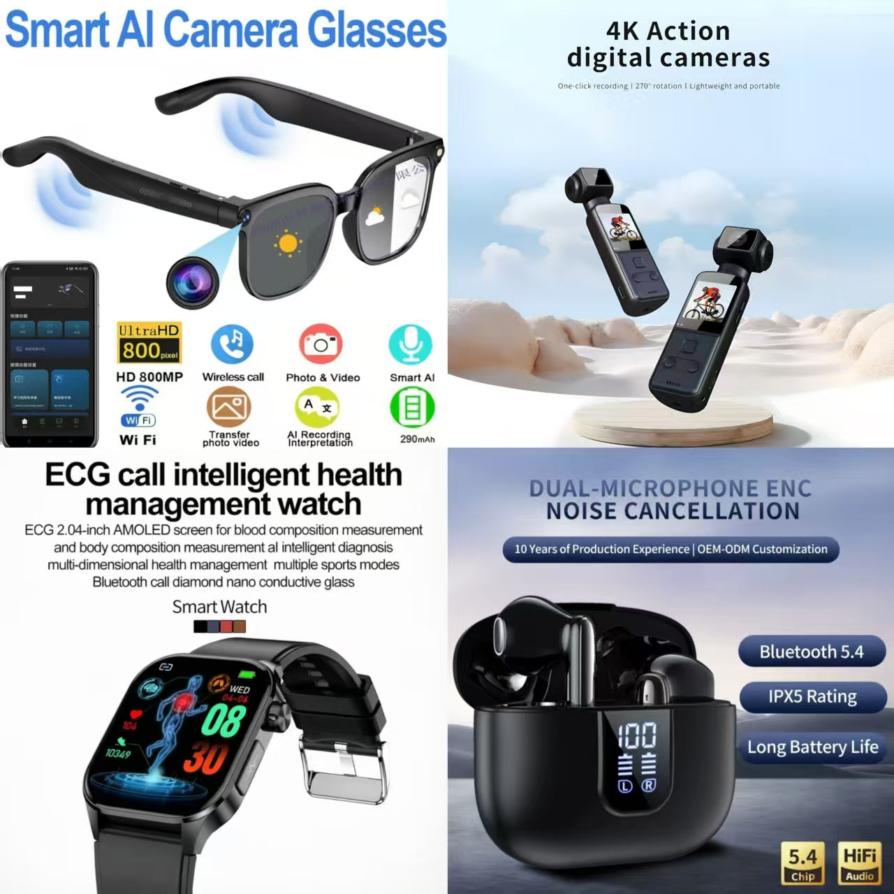 4-in-1 Smart AI Tech Bundle: AI Camera Glasses + 4K Action Camera + ECG Call Health Watch + ENC Noise Canceling Earbuds