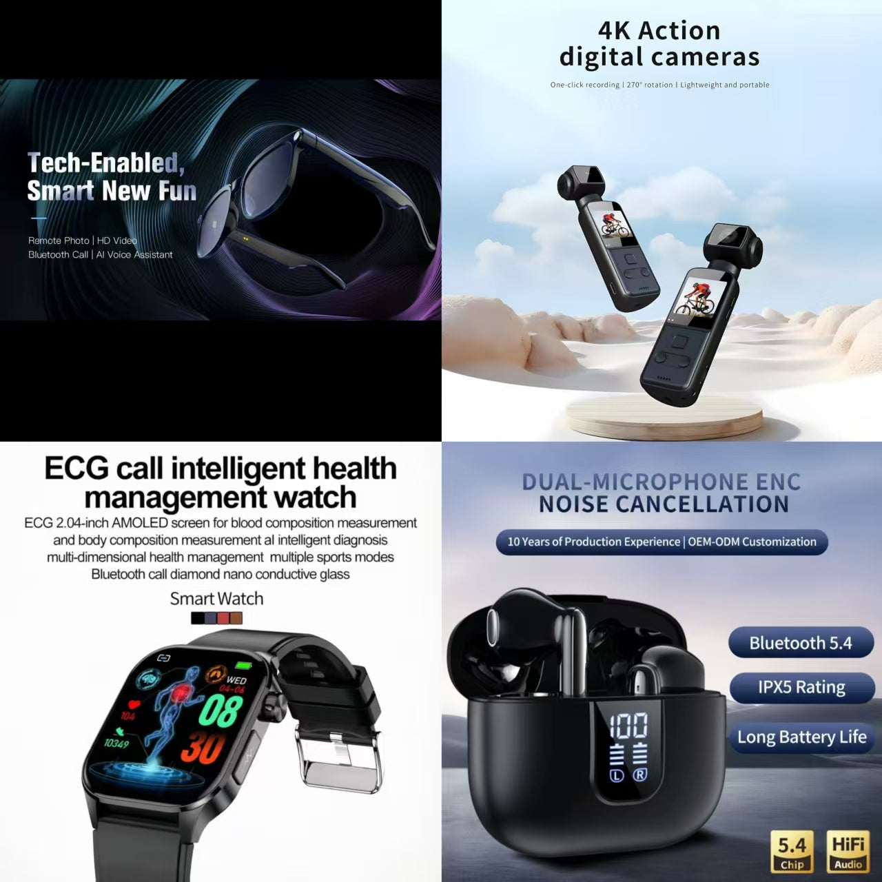 4-in-1 Tech-Enabled Smart Lifestyle Bundle: Smart Glasses + 4K Action Camera + ECG Call Health Watch + ENC Noise Canceling Earbuds
