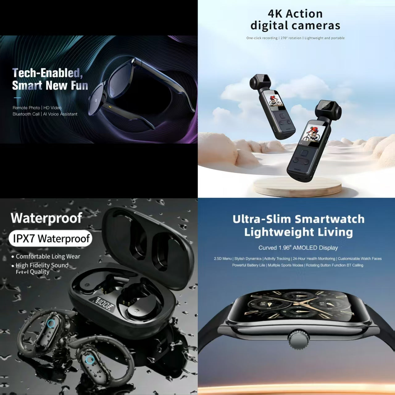 4-in-1 Tech-Enabled Smart Lifestyle Bundle: Smart Glasses + 4K Action Camera + Ultra-Slim Smartwatch + IPX7 Waterproof Earbuds