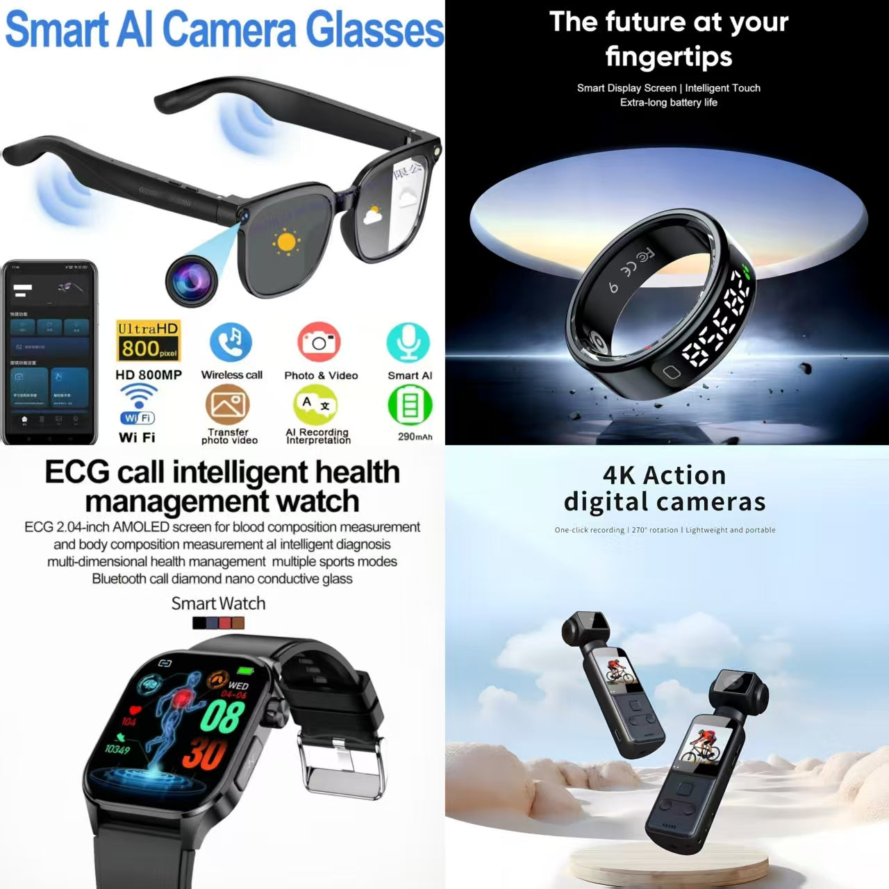 4-in-1 Smart AI Tech & Health Bundle: Smart AI Camera Glasses + ECG Call Health Watch + 4K Action Camera + Smart Ring (Future at Your Fingertips)