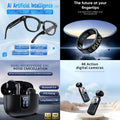 4-in-1 Smart AI Tech & Audio Bundle: AI Smart Glasses + ENC Noise Canceling Earbuds + 4K Action Camera + Smart Ring (Future at Your Fingertips)