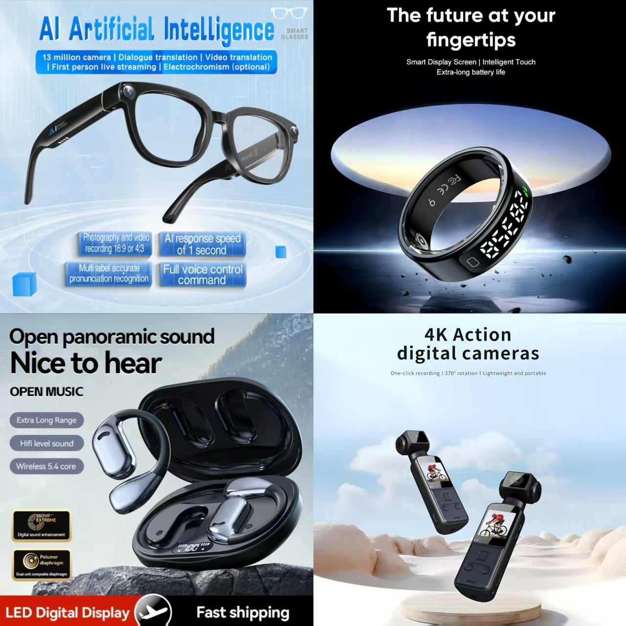 4-in-1 Smart AI Tech & Audio Bundle: AI Smart Glasses + Open-Panoramic Sound Earbuds + 4K Action Camera + Smart Ring (Future at Your Fingertips)